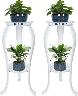 2 Pack Tall Plant Stands Indoor Outdoor,2 Tiers Cast Iron Plant Stand,Corner Metal Plant Shelf Flower Pot Stand,Rustproof Plant Display Rack for Balcony Patio Entryway Living Room (White)