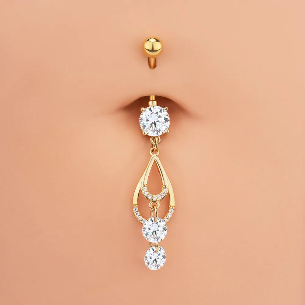 14G Double Water Drop Dangle Clear Round CZ Belly Button Ring