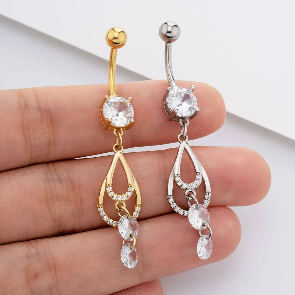 14G Double Water Drop Dangle Clear Round CZ Belly Button Ring