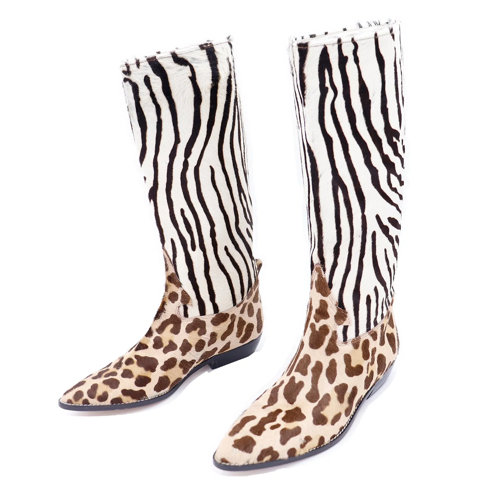 1990s Donald J Pliner Pony Fur Zebra Stripe Brown & Cream Boots