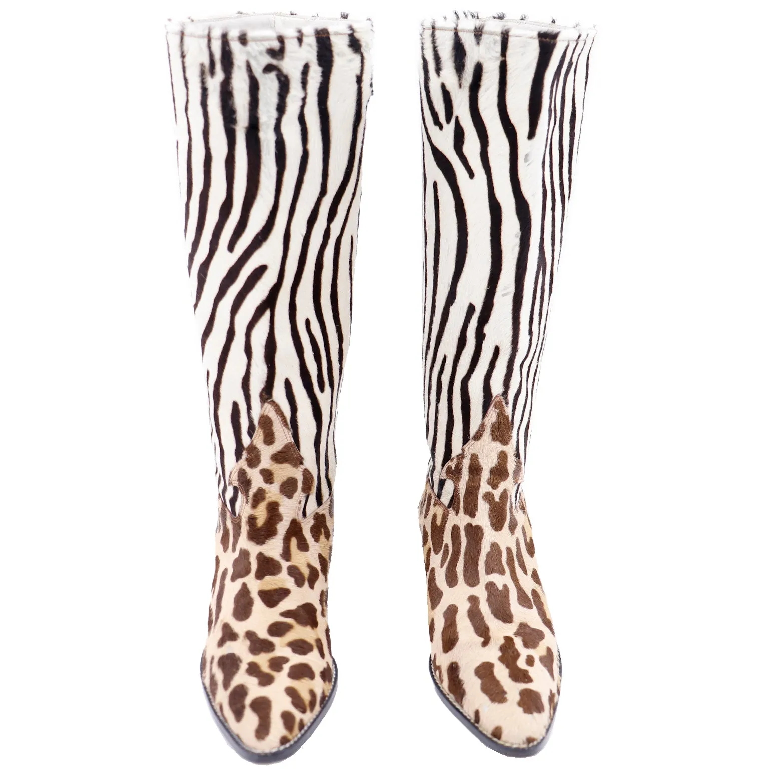 1990s Donald J Pliner Pony Fur Zebra Stripe Brown & Cream Boots