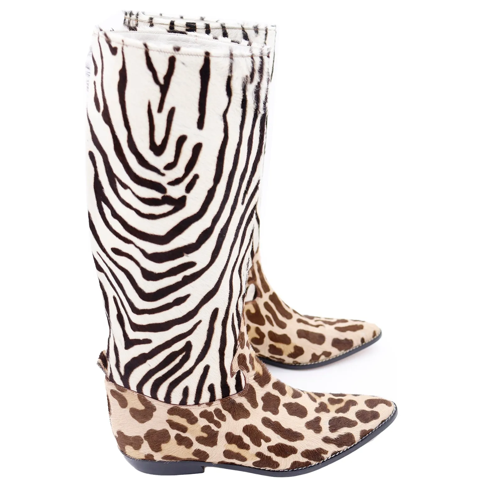 1990s Donald J Pliner Pony Fur Zebra Stripe Brown & Cream Boots