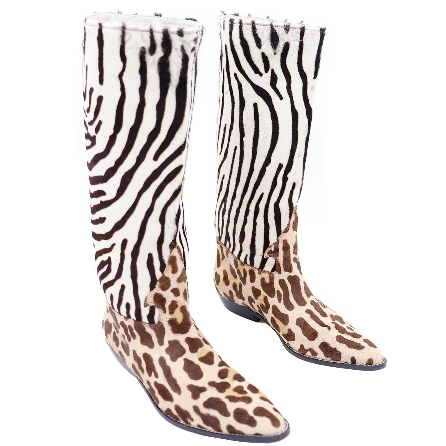 1990s Donald J Pliner Pony Fur Zebra Stripe Brown & Cream Boots