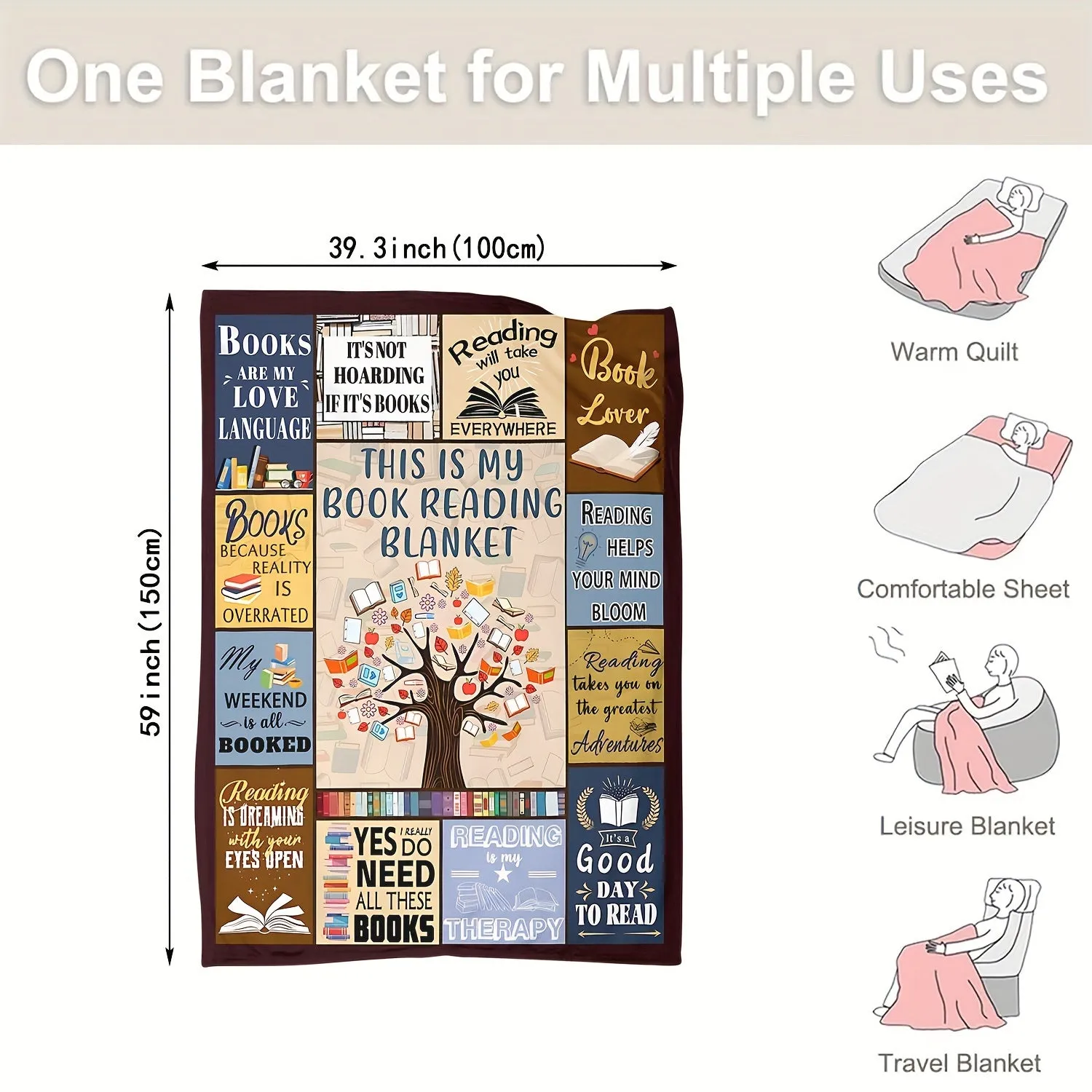 1pc Cozy Bookworm Blanket - Soft, Warm, Multi-Purpose Throw for Reading, Home, Office, Camping, Travel - Perfect Gift for Book Lovers, Casual, Bed, Couch, Lunch Break Companion