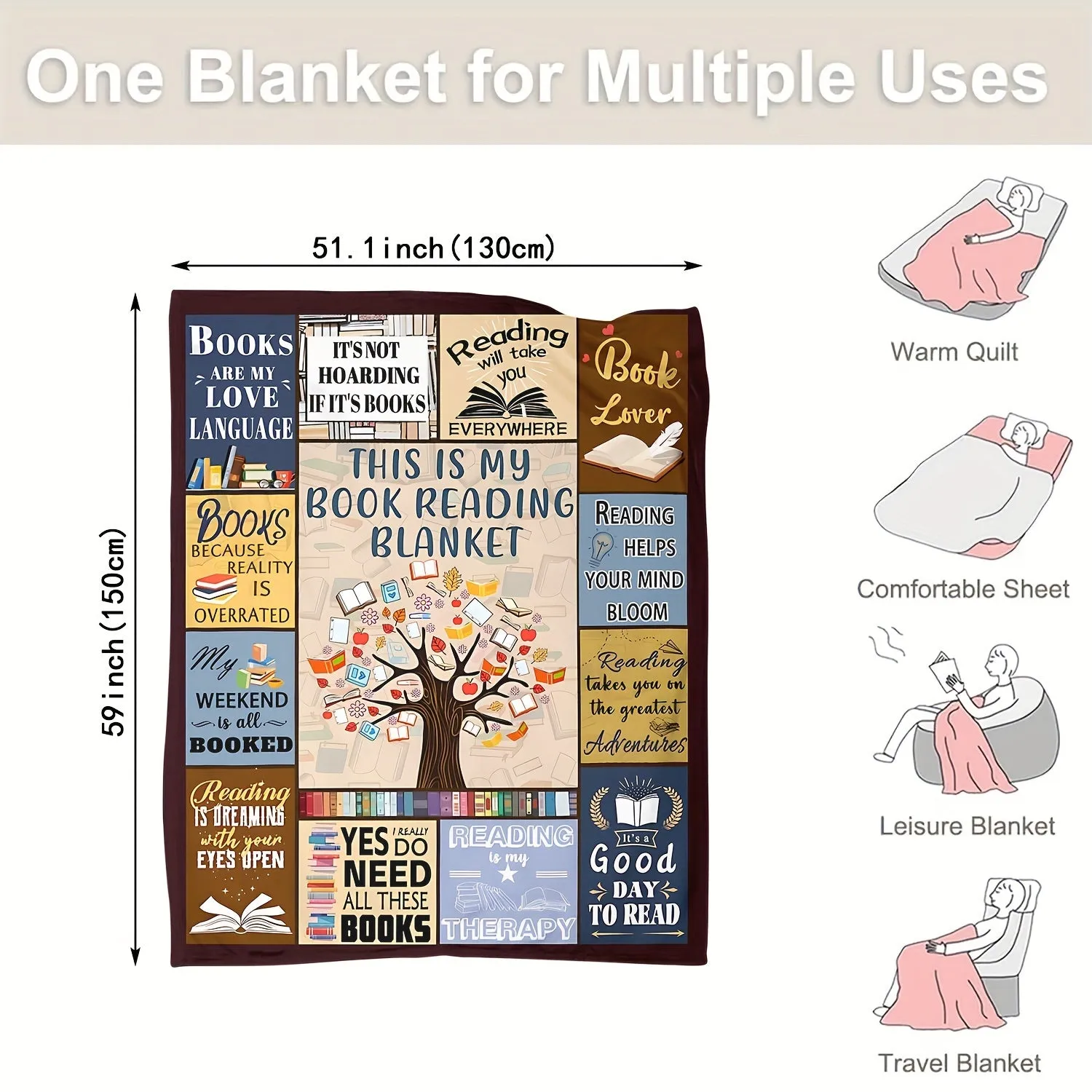 1pc Cozy Bookworm Blanket - Soft, Warm, Multi-Purpose Throw for Reading, Home, Office, Camping, Travel - Perfect Gift for Book Lovers, Casual, Bed, Couch, Lunch Break Companion