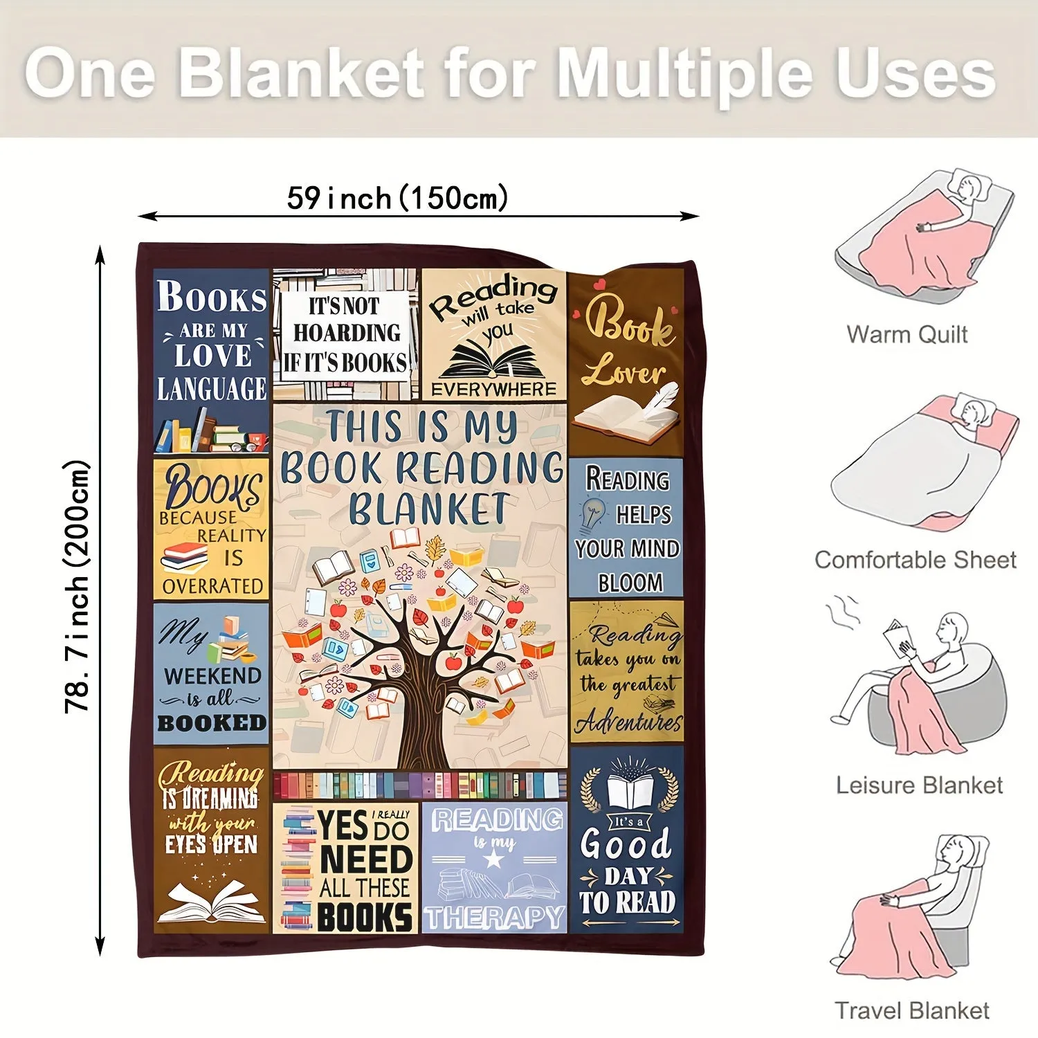 1pc Cozy Bookworm Blanket - Soft, Warm, Multi-Purpose Throw for Reading, Home, Office, Camping, Travel - Perfect Gift for Book Lovers, Casual, Bed, Couch, Lunch Break Companion