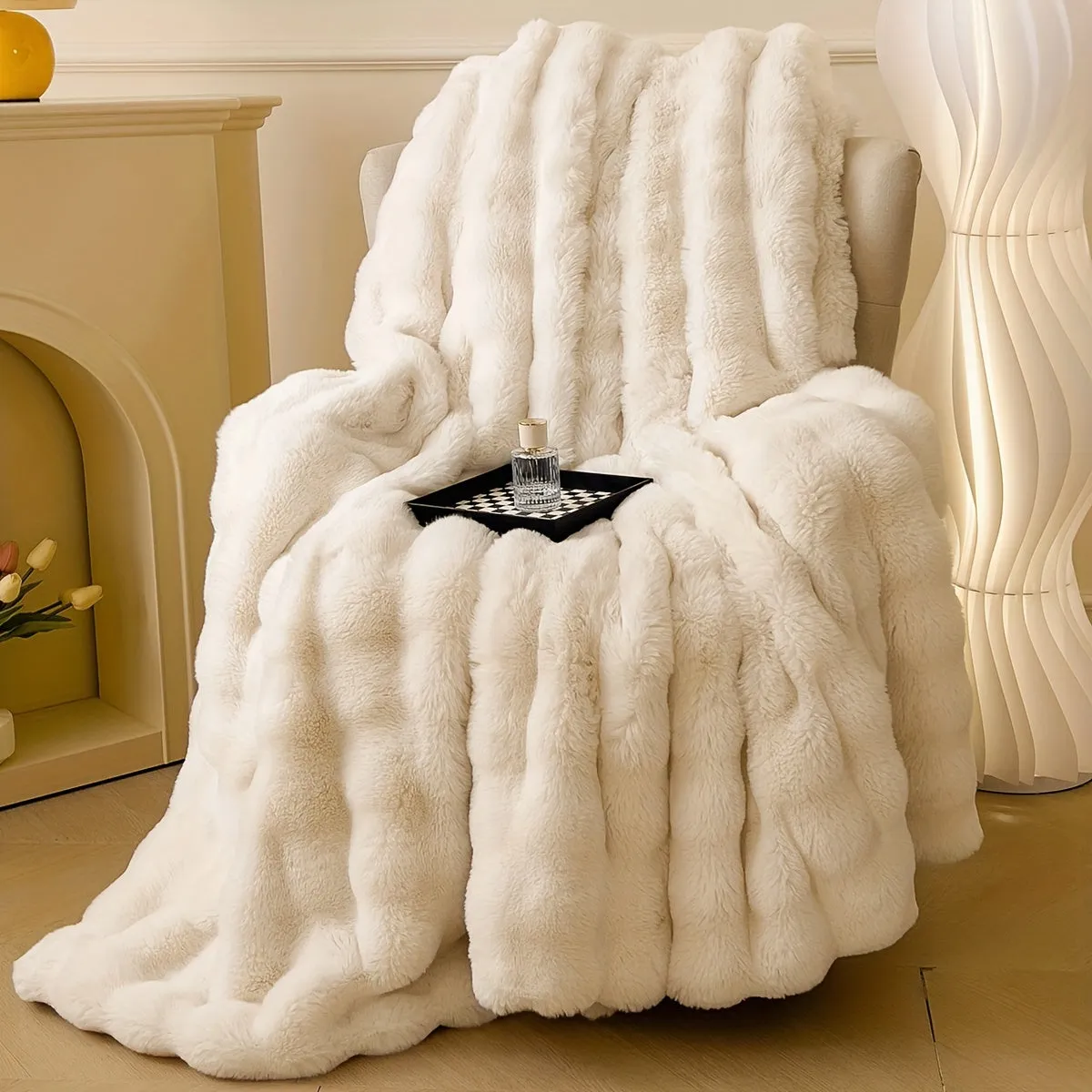 1pc Luxurious Faux Rabbit Short Plush Blanket - Soft, Thick, and Warm for All Seasons - Multi-Purpose, Cozy Bed Blanket and Gift Idea for Family and Friends