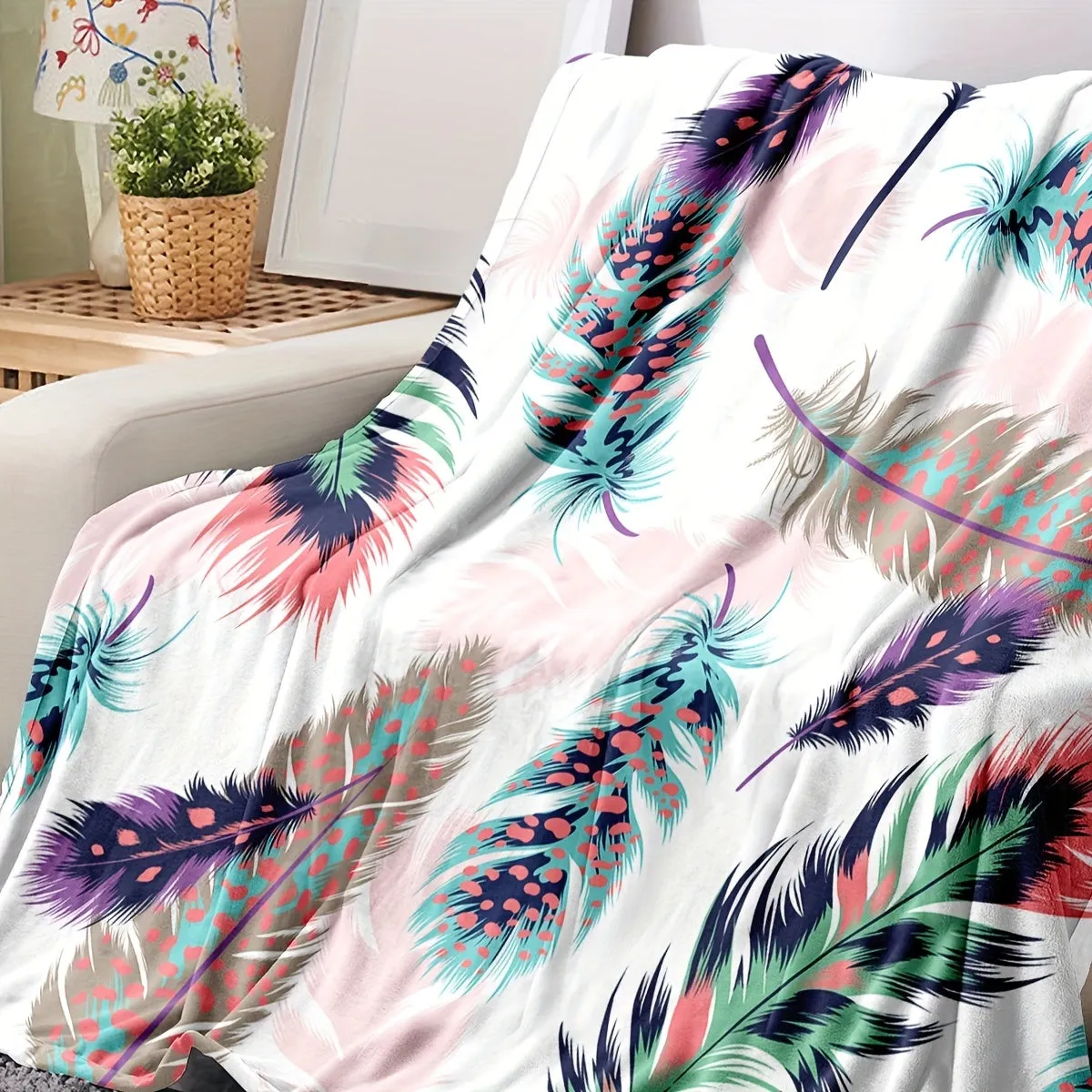 1pc Vibrant Feather Print Flannel Blanket - Soft, Warm, and Cozy Throw for Couch, Sofa, Office, Bed, Camping, and Travel - Multi-Purpose Gift for All Seasons with Versatile Design