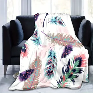 1pc Vibrant Feather Print Flannel Blanket - Soft, Warm, and Cozy Throw for Couch, Sofa, Office, Bed, Camping, and Travel - Multi-Purpose Gift for All Seasons with Versatile Design