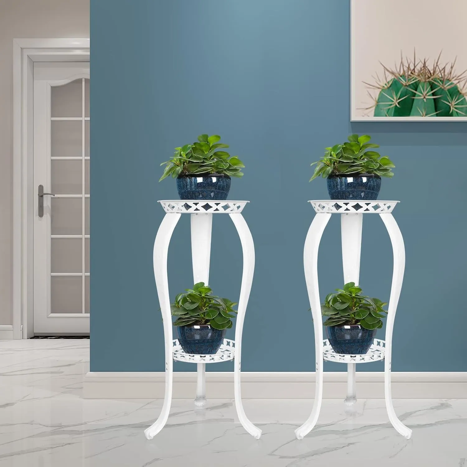 2 Pack Tall Plant Stands Indoor Outdoor,2 Tiers Cast Iron Plant Stand,Corner Metal Plant Shelf Flower Pot Stand,Rustproof Plant Display Rack for Balcony Patio Entryway Living Room (White)