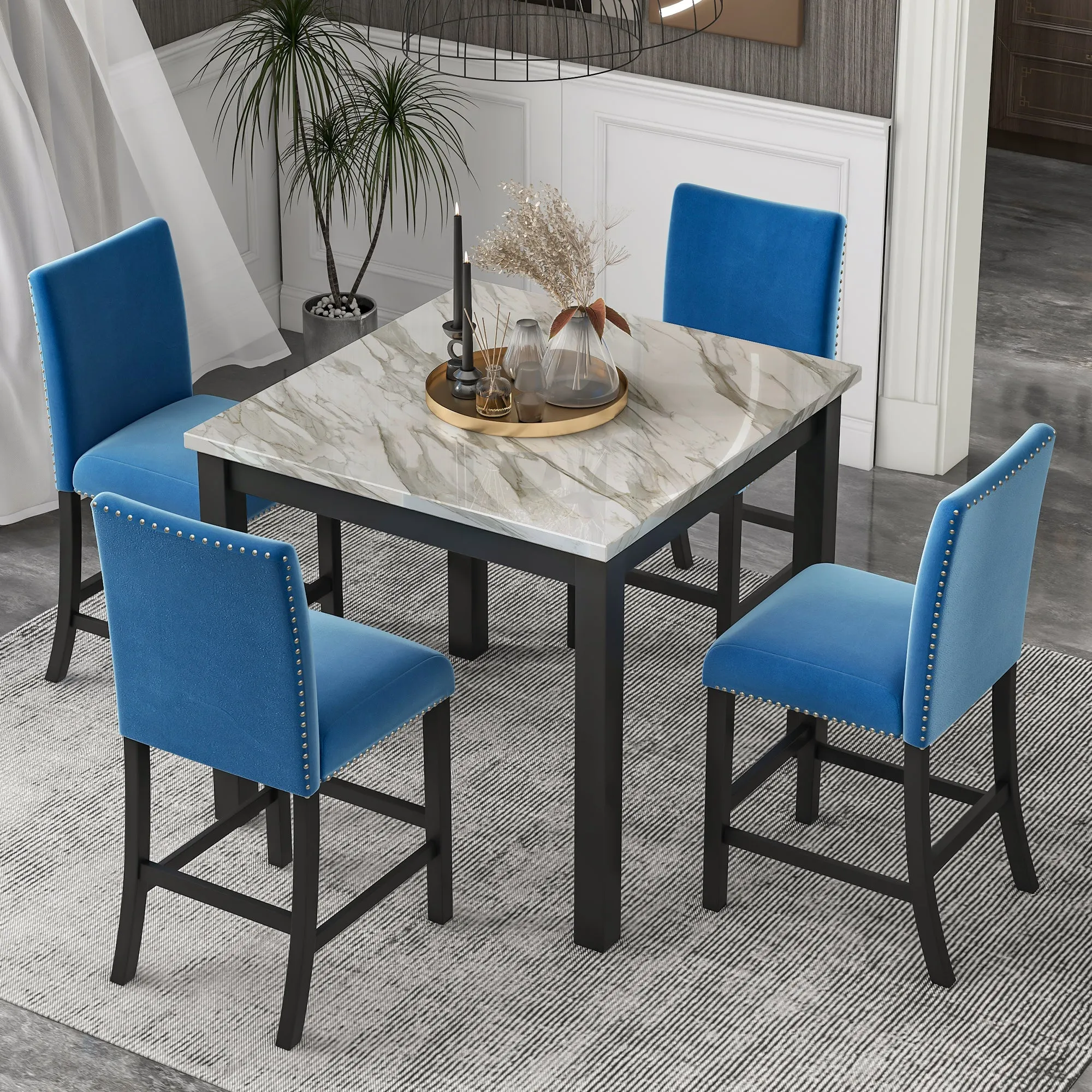 5-piece Counter Height Dining Table Set with Faux Marble Dining Table