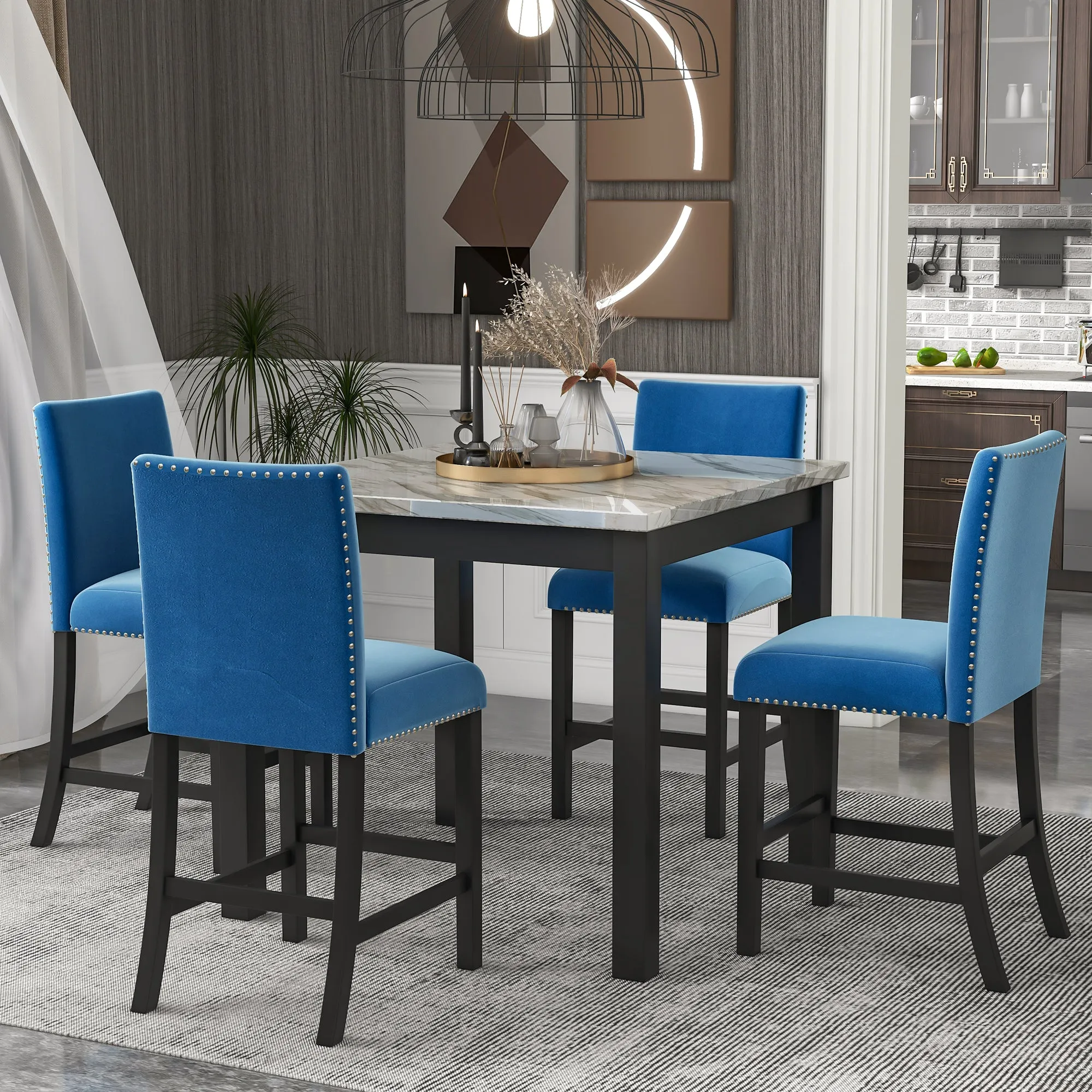 5-piece Counter Height Dining Table Set with Faux Marble Dining Table