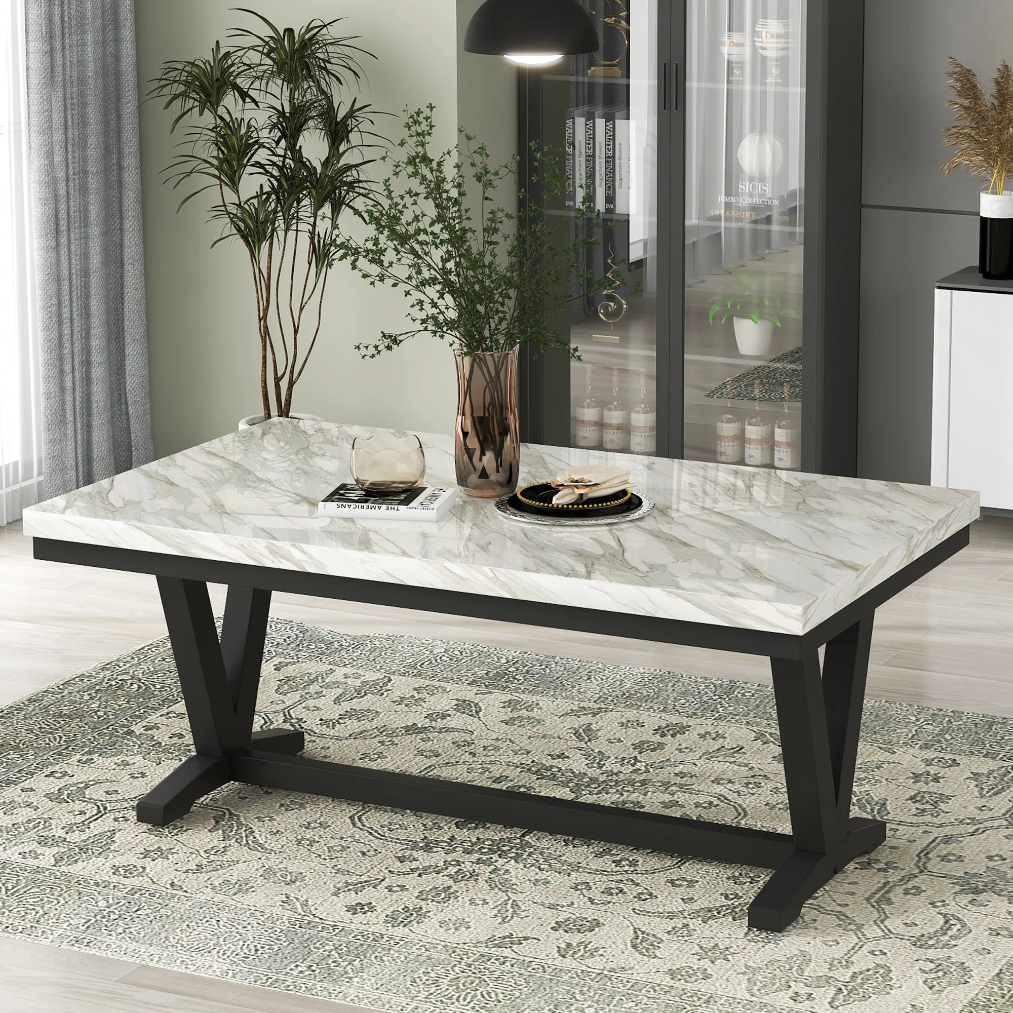 6-piece Dining Table Set with Faux Marble Top