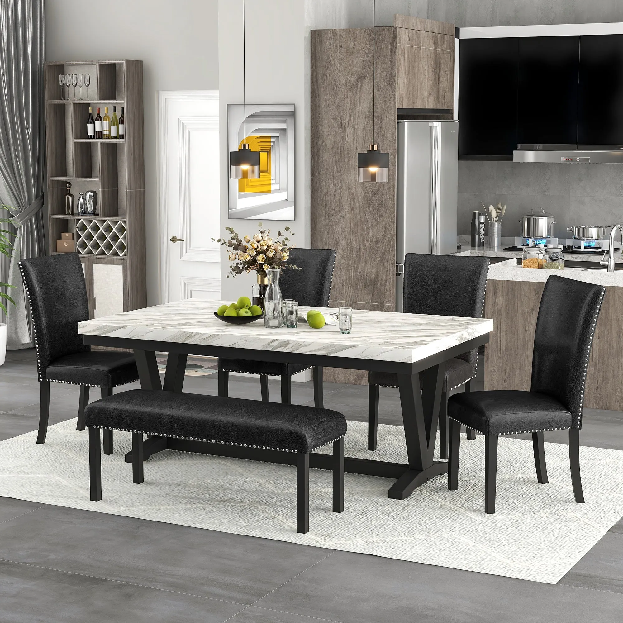 6-piece Dining Table Set with Faux Marble Top