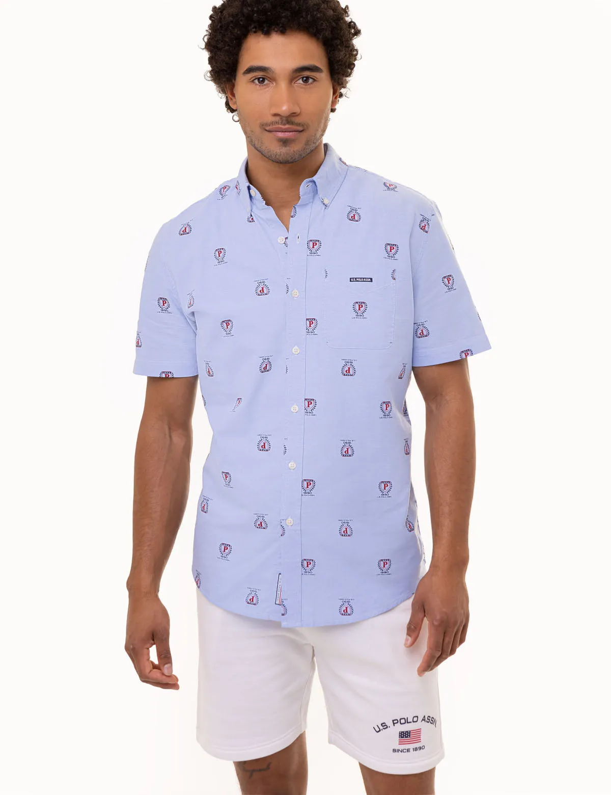 ALL OVER CREST PRINT OXFORD SHORT SLEEVE SHIRT