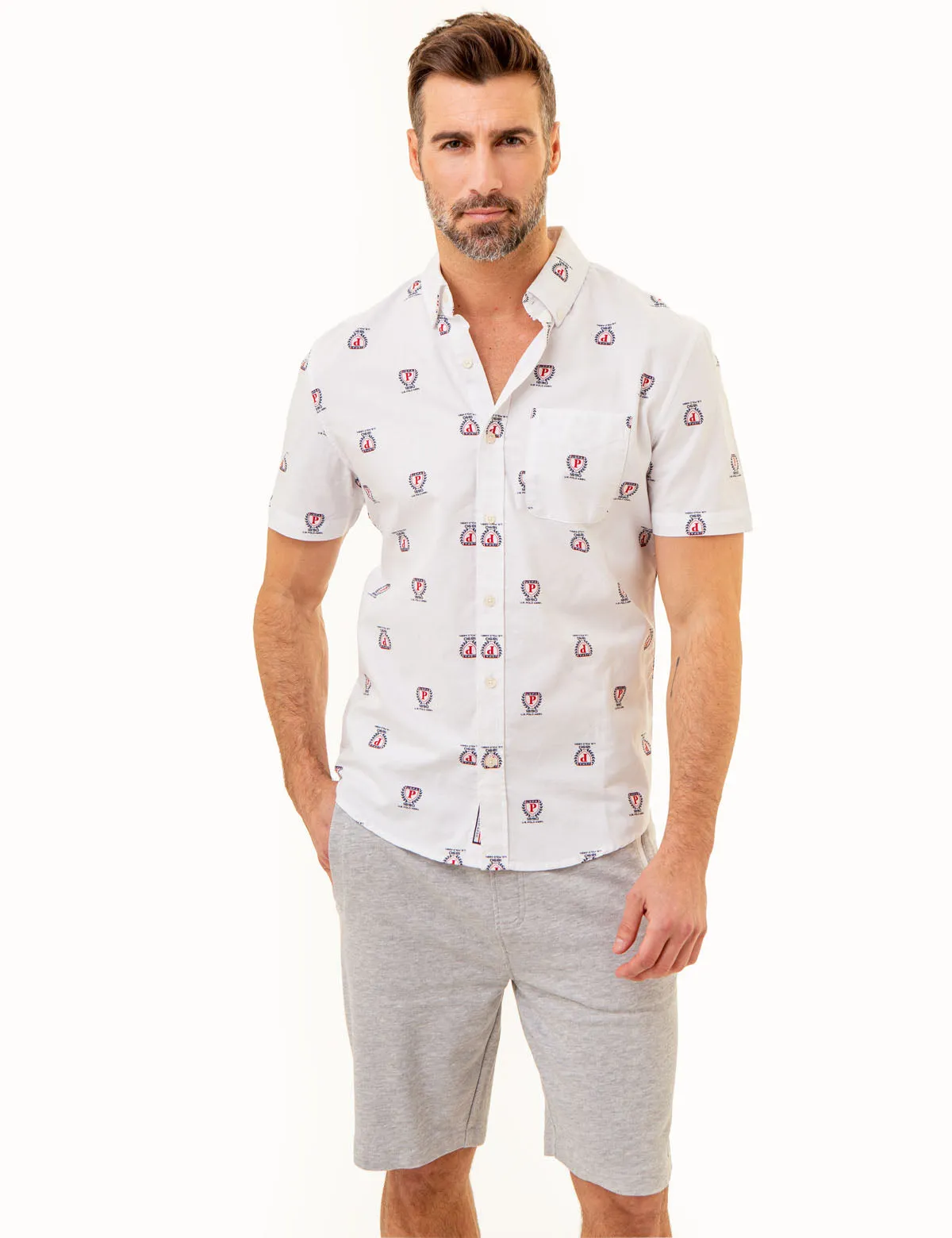 ALL OVER CREST PRINT OXFORD SHORT SLEEVE SHIRT