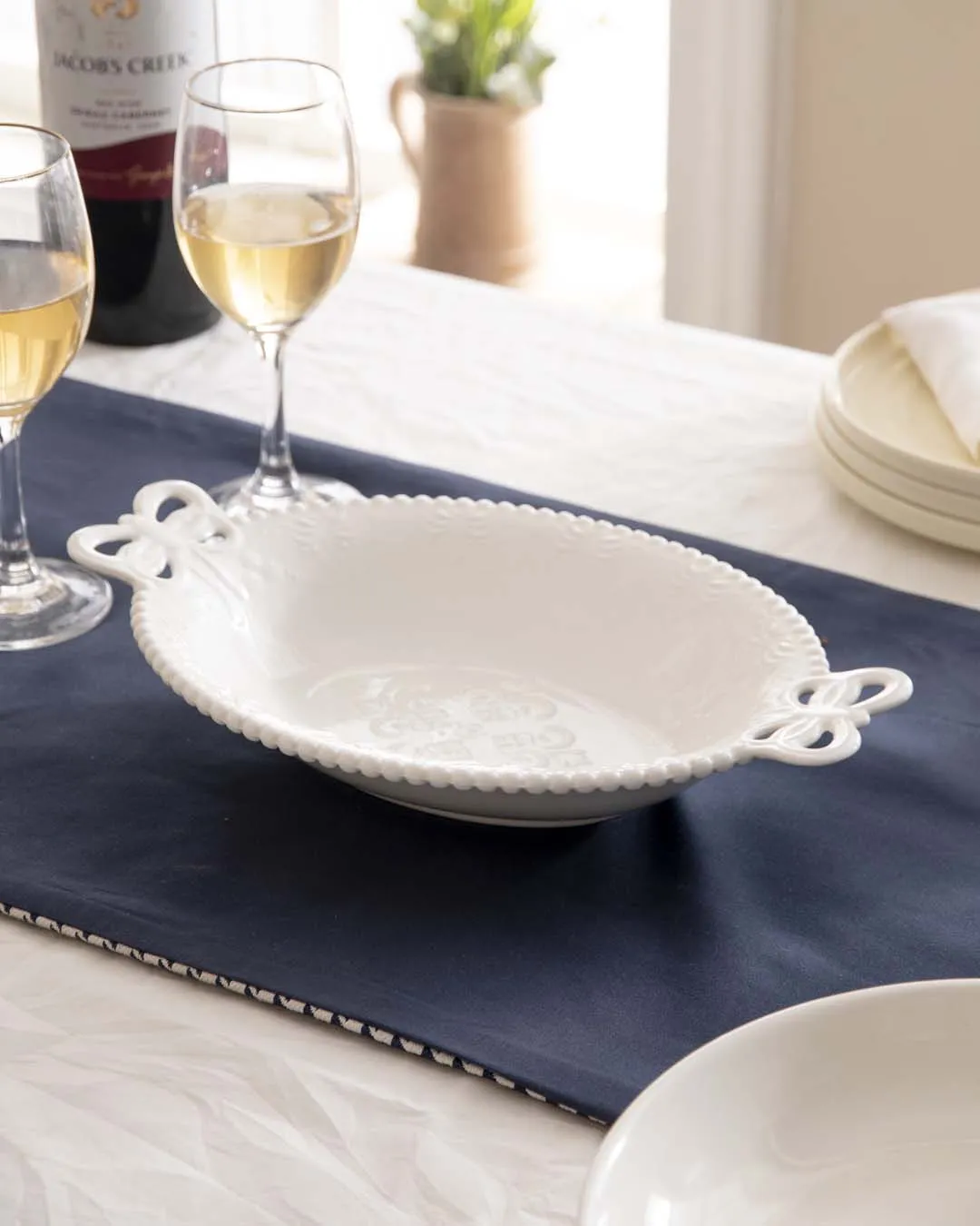 All White Embossed Oval Serving Bowl