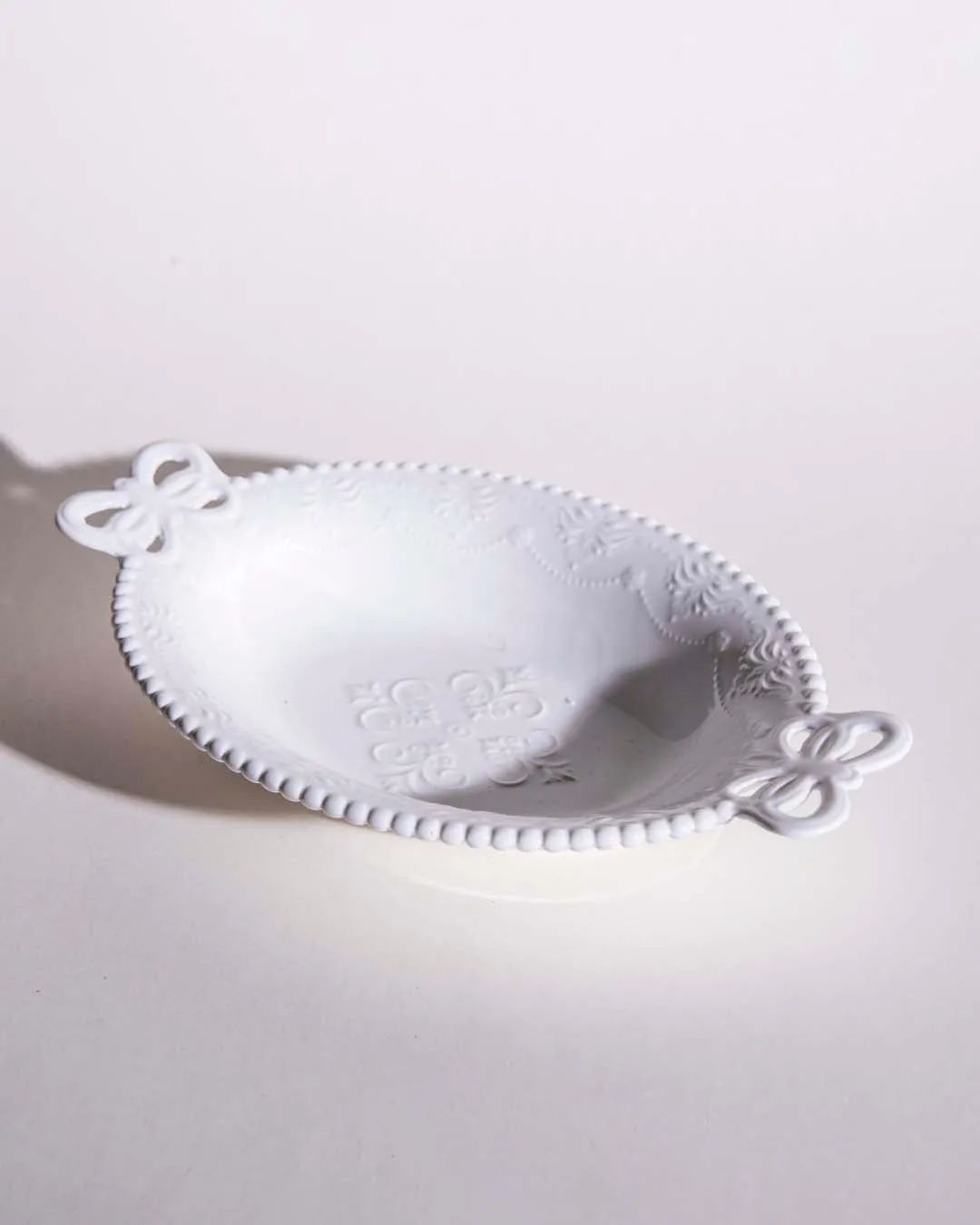 All White Embossed Oval Serving Bowl