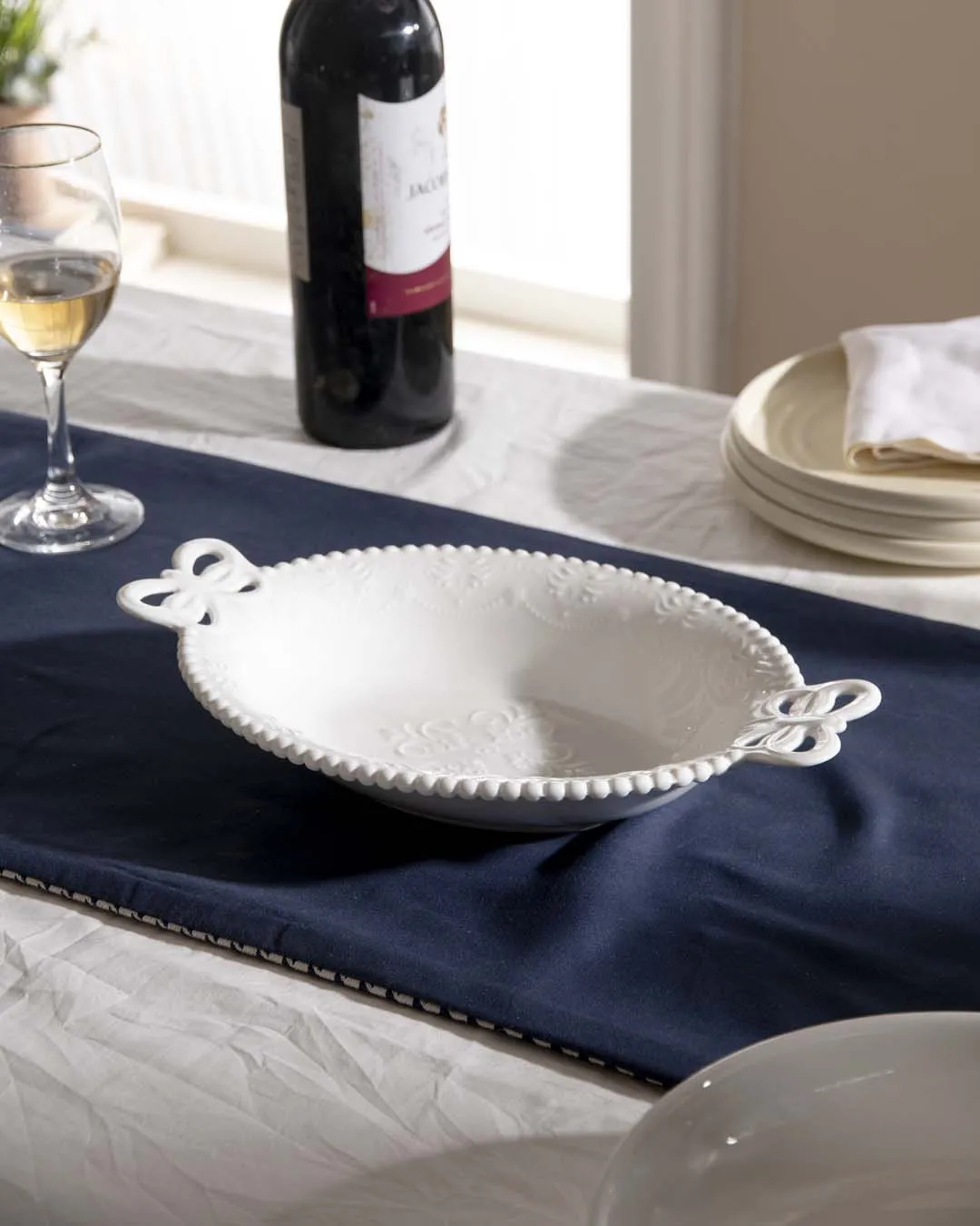 All White Embossed Oval Serving Bowl