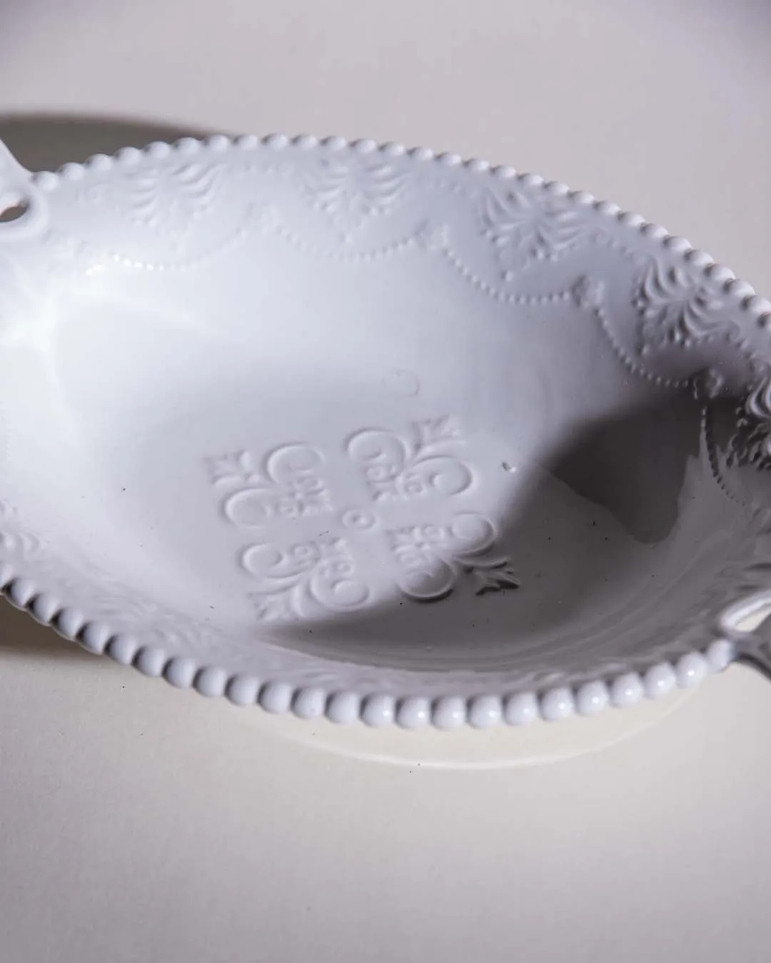 All White Embossed Oval Serving Bowl