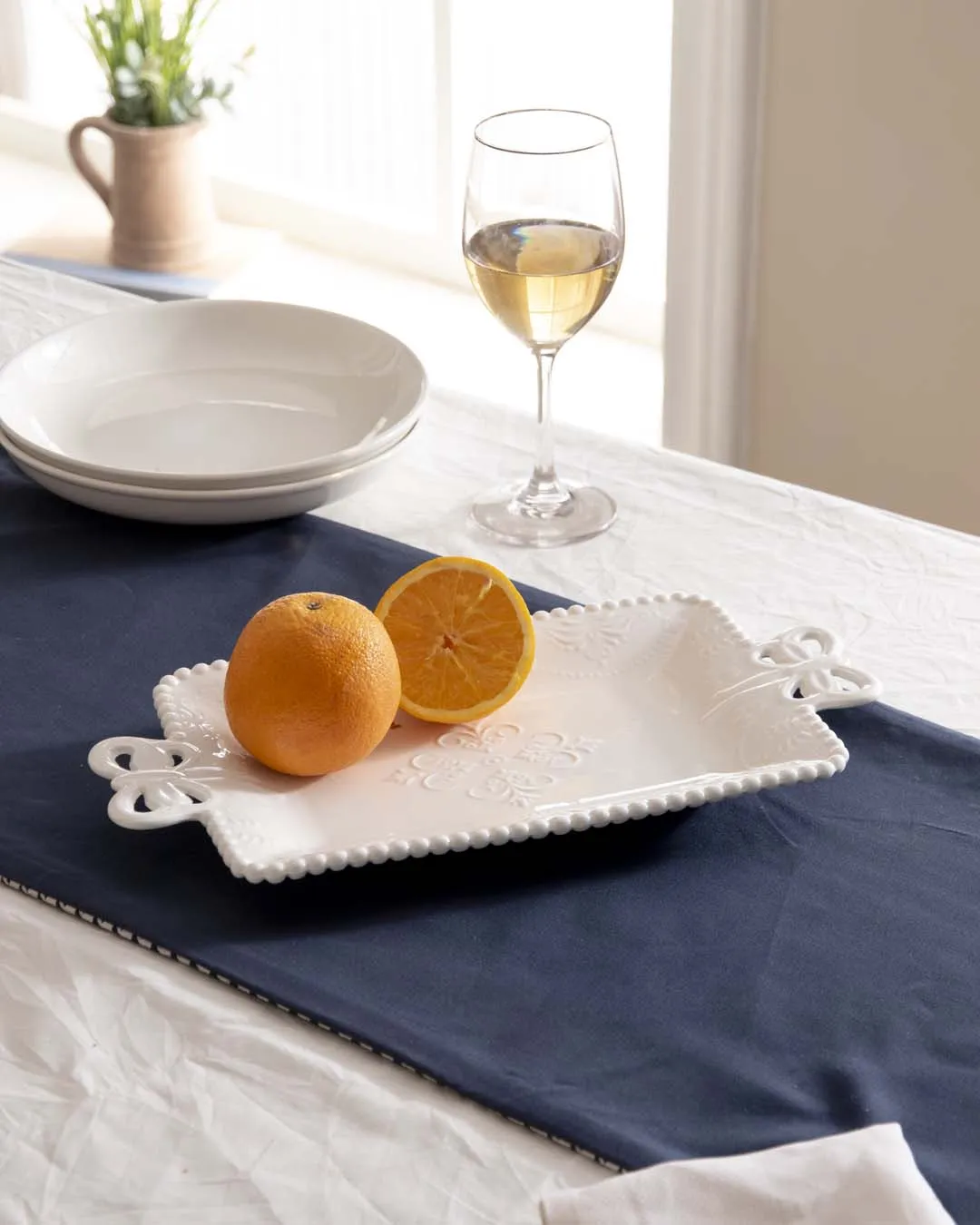 All White Embossed Rectangular Serving Platter