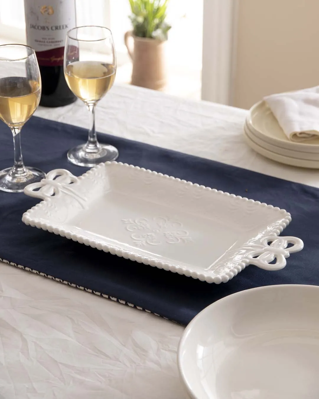 All White Embossed Rectangular Serving Platter