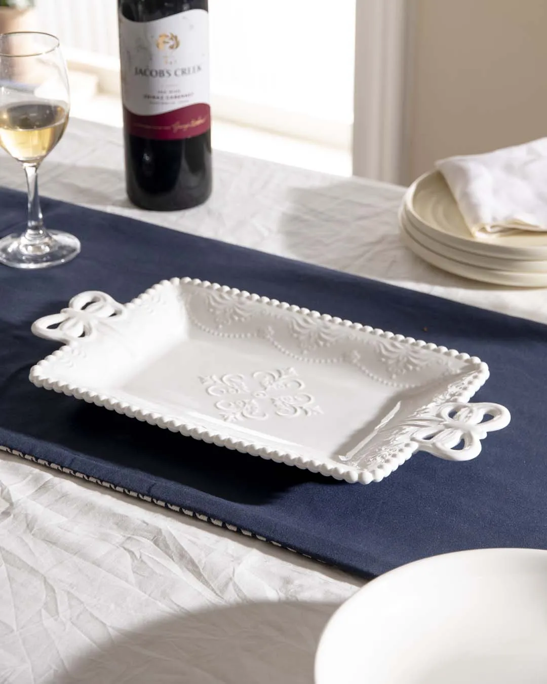 All White Embossed Rectangular Serving Platter