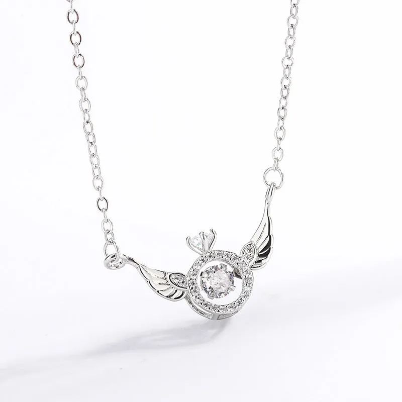 Angel Wing with Zircon Circle Pendant Silver Necklace for Women