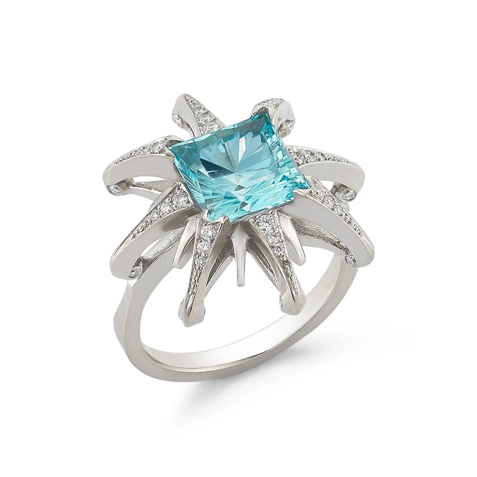 Aquamarine and Diamond Starburst Ring