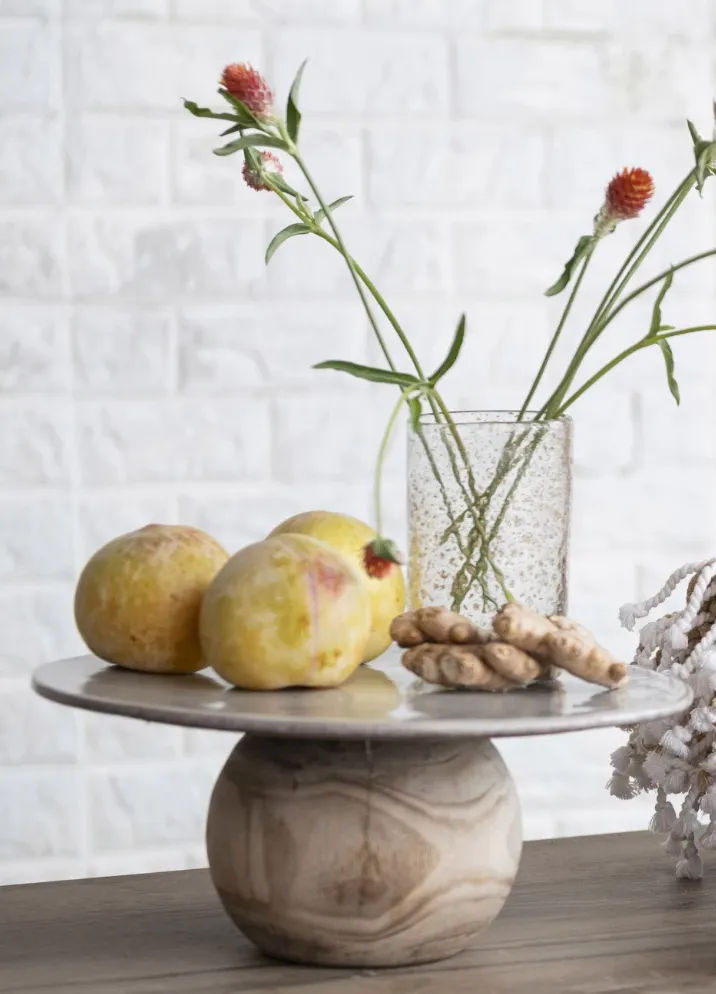 AS IS Stoneware Pedestal w/ Paulownia Wood Ball Base