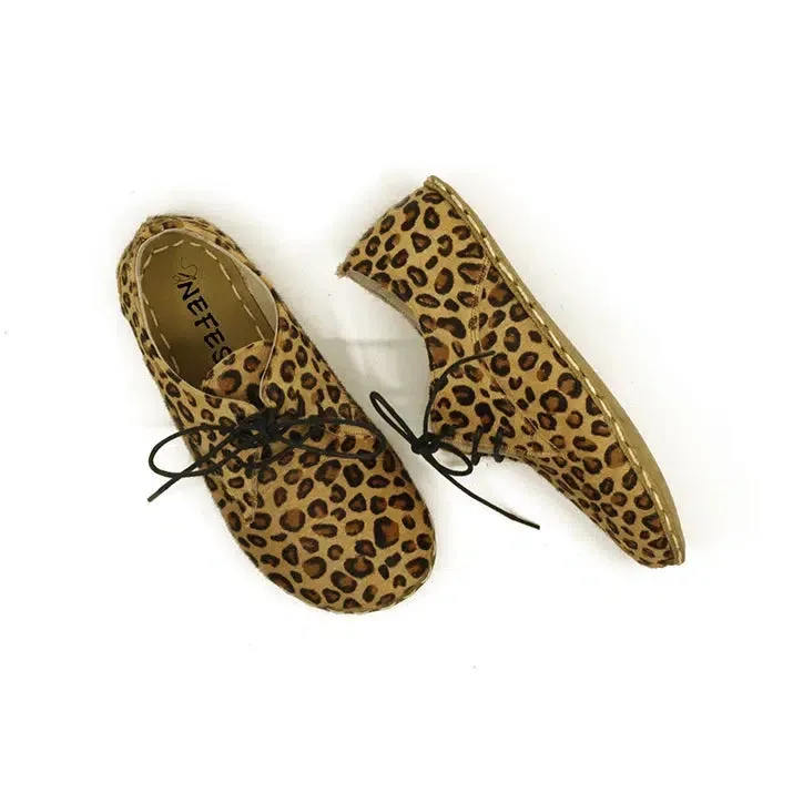 Barefoot Oxford Shoes Women - Laced Yellow Leopard Print