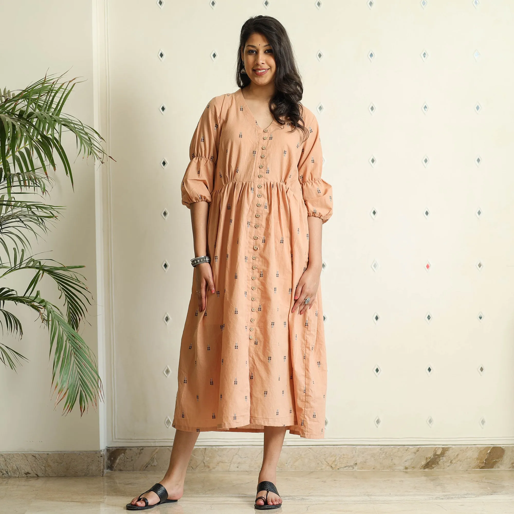 Beige - Jacquard Cotton Flared Gher Dress