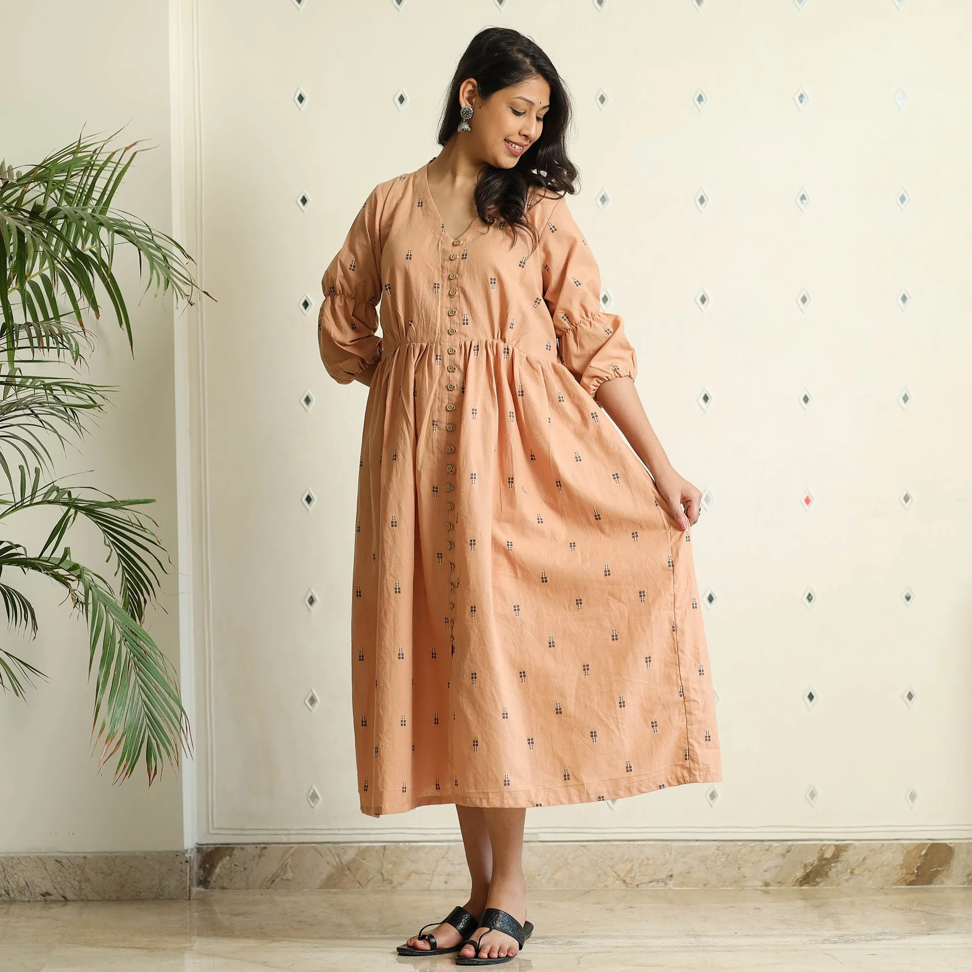 Beige - Jacquard Cotton Flared Gher Dress