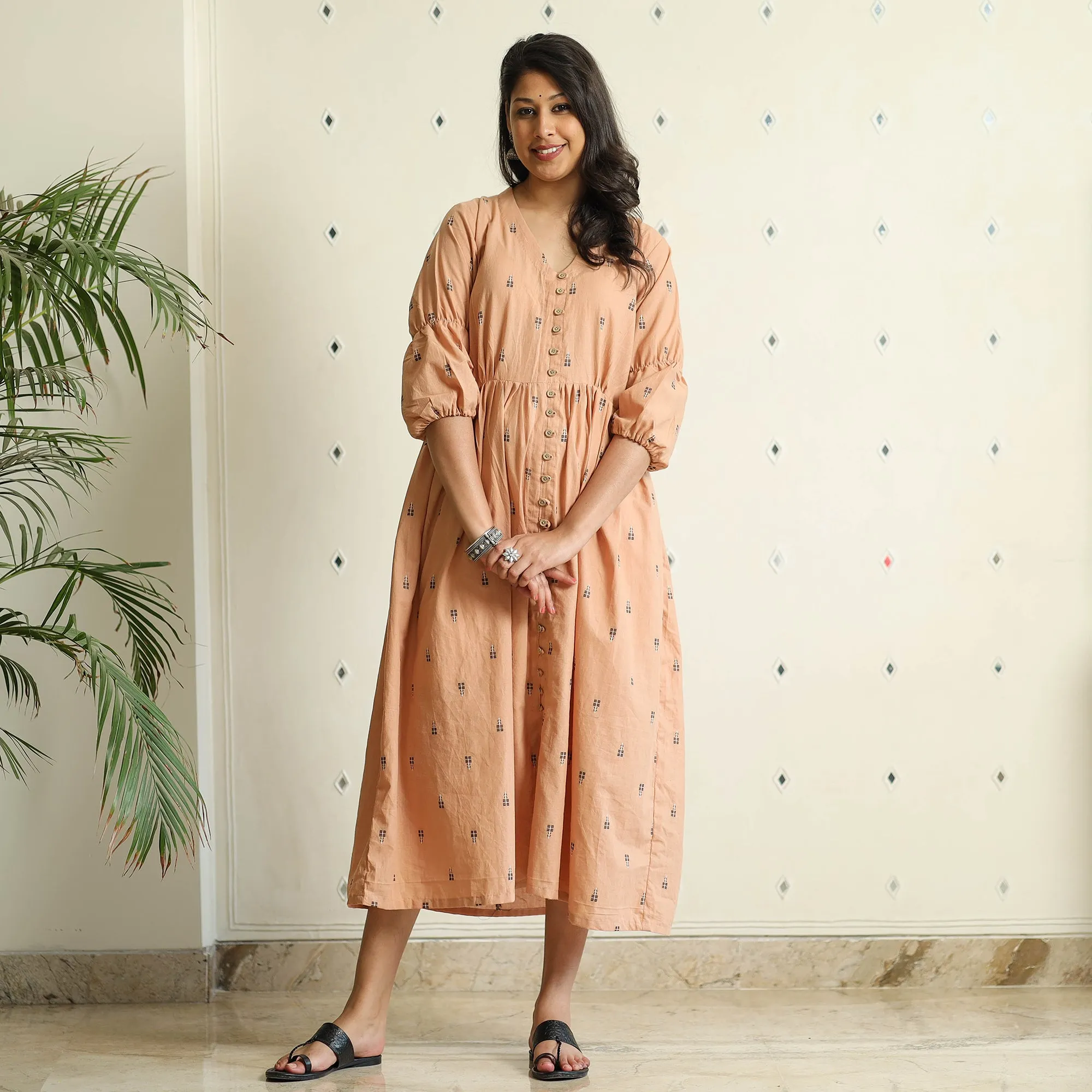 Beige - Jacquard Cotton Flared Gher Dress