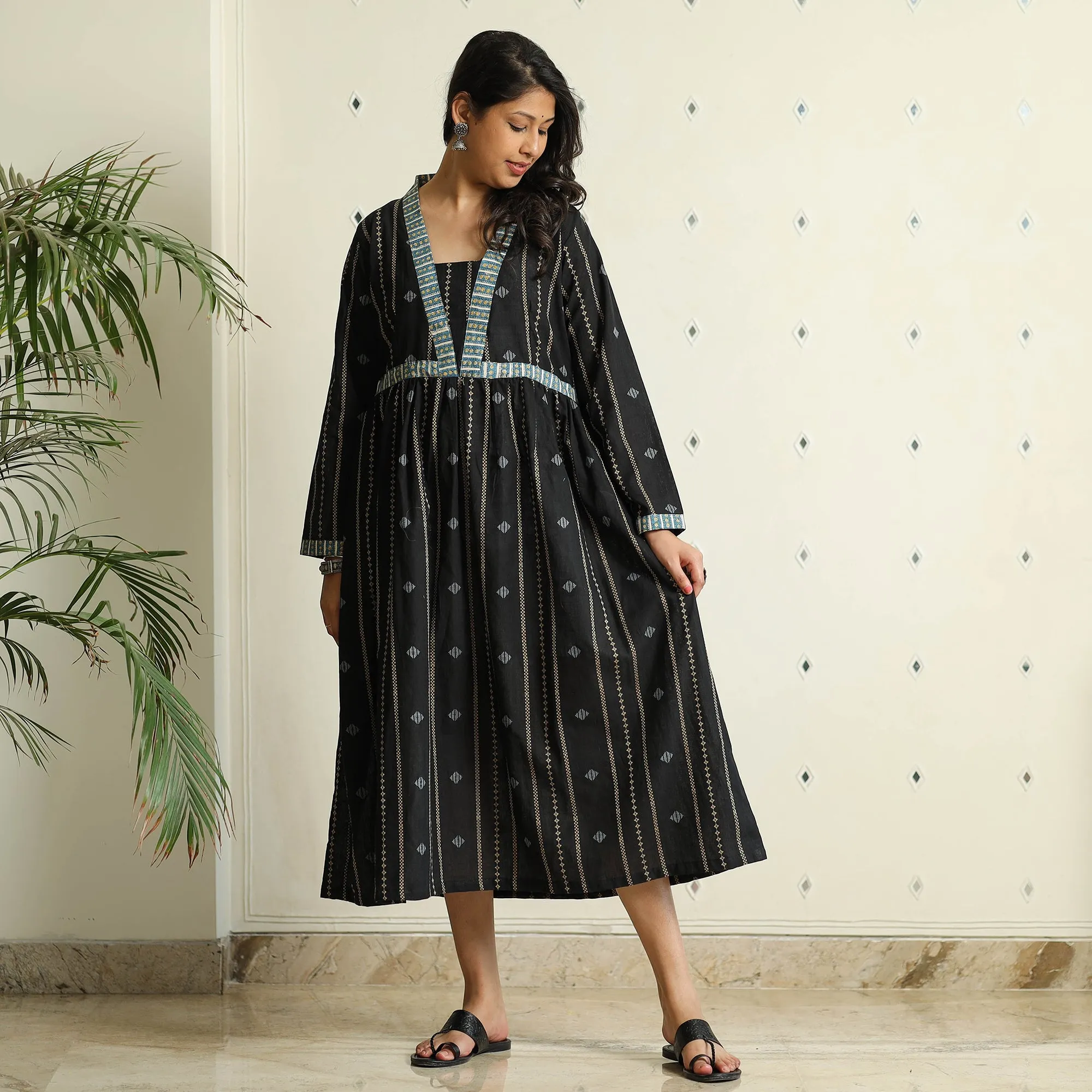 Black - Jacquard Cotton Flared Gher Dress