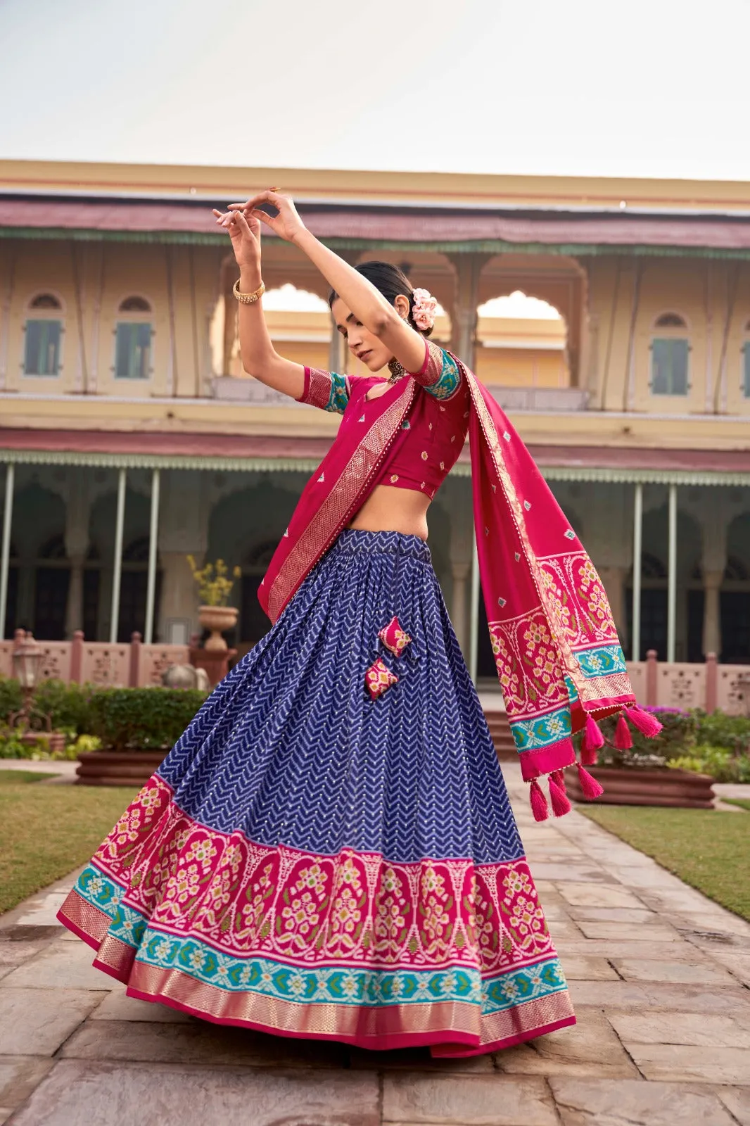 Blue Captivating Tussar Silk Patola Printed Lehenga Choli Set