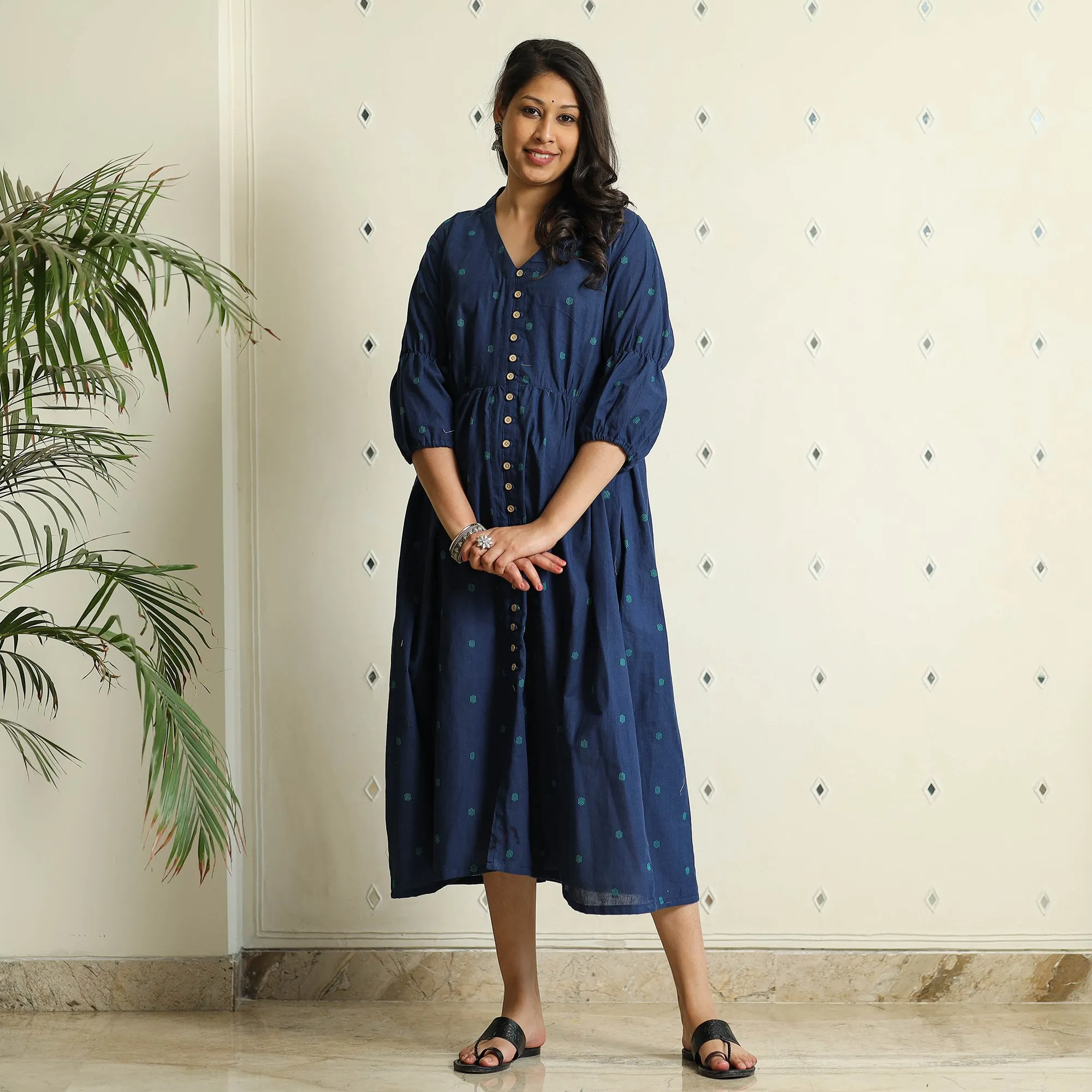 Blue - Jacquard Cotton Flared Gher Dress