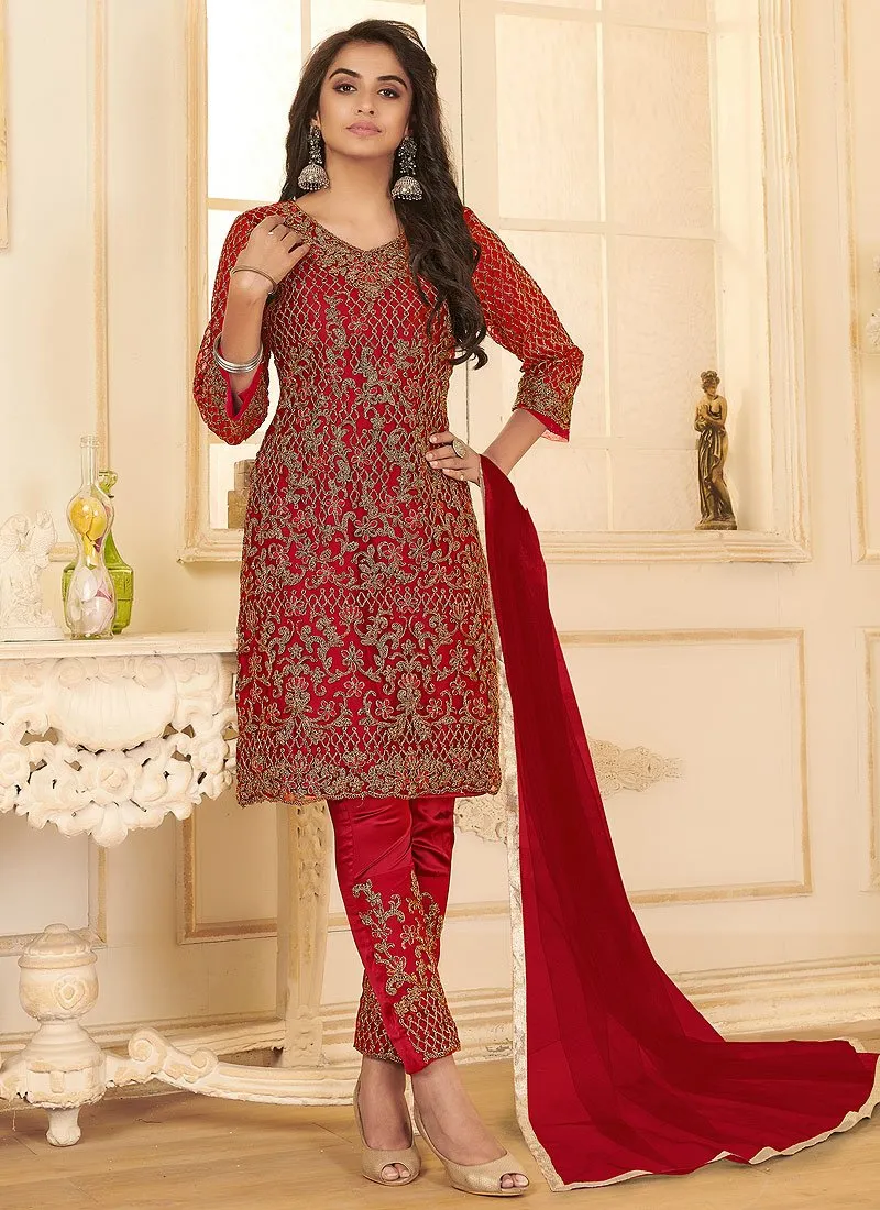 Bright Red All Over Embroidered Net Pant Style Suit