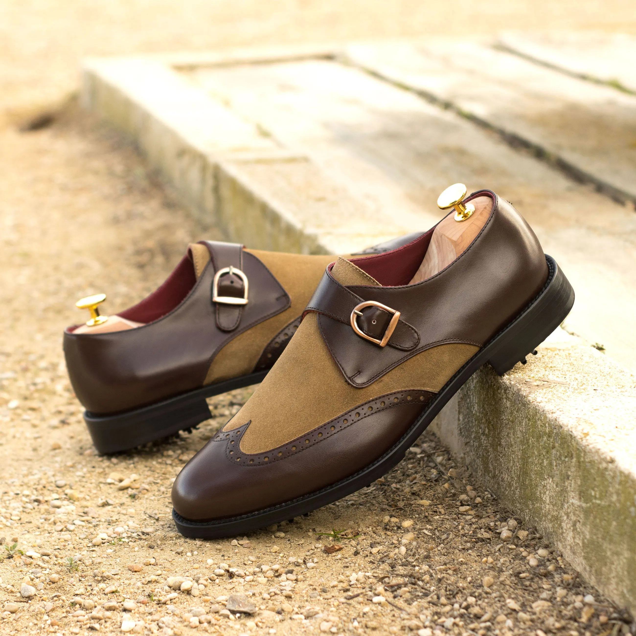 Brown Calf & Camel Suede Single Monk Golf Shoes