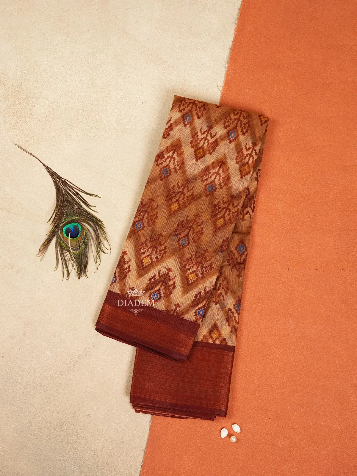 Brown Linen Cotton Saree With Floral Designs On the Body with Matching Border