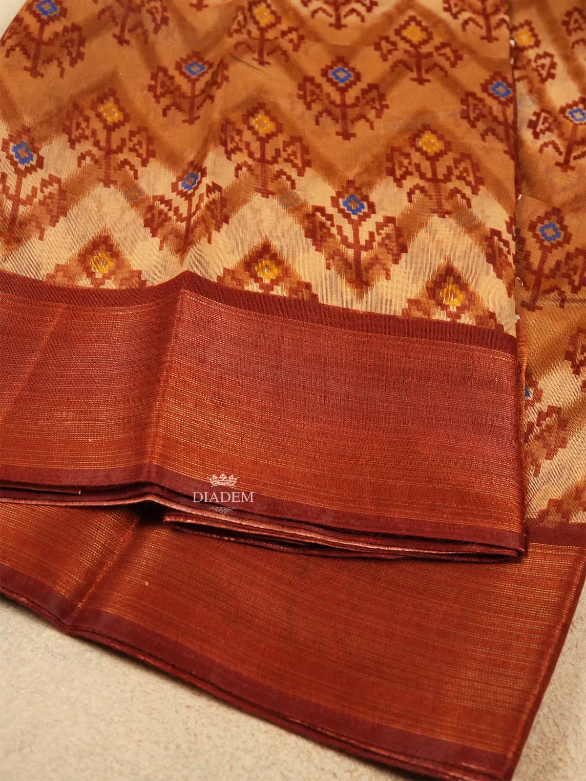 Brown Linen Cotton Saree With Floral Designs On the Body with Matching Border