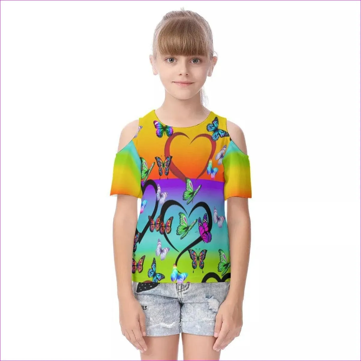 Butterfly Love Rainbow Kids Cold Shoulder T-shirt With Ruffle Sleeves