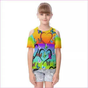 Butterfly Love Rainbow Kids Cold Shoulder T-shirt With Ruffle Sleeves