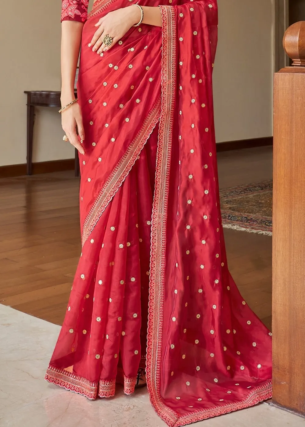 Cardinal Red Organza Saree with Dori, Sequins, Zari & Resham work