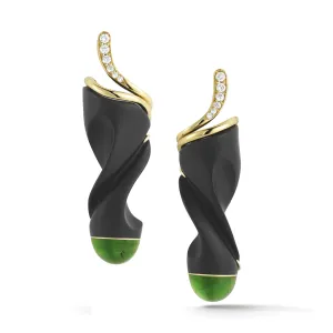 Carved Black Jade and Green Tourmaline with Diamond Earrings