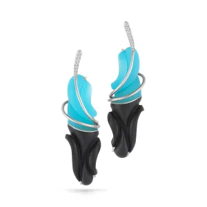 Carved Black Jade, Turquoise, Rock Crystal and Diamond Earrings