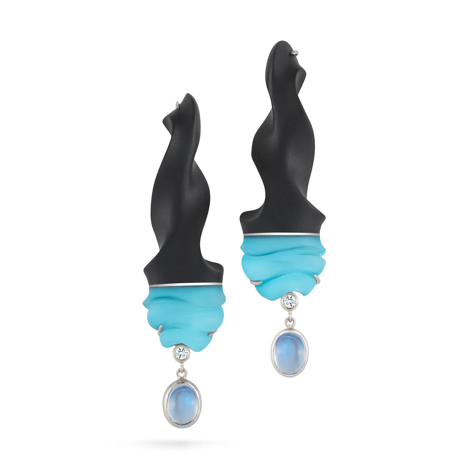 Carved Black Jade, Turquoise, Rock Crystal, Moonstone and Diamond Earrings