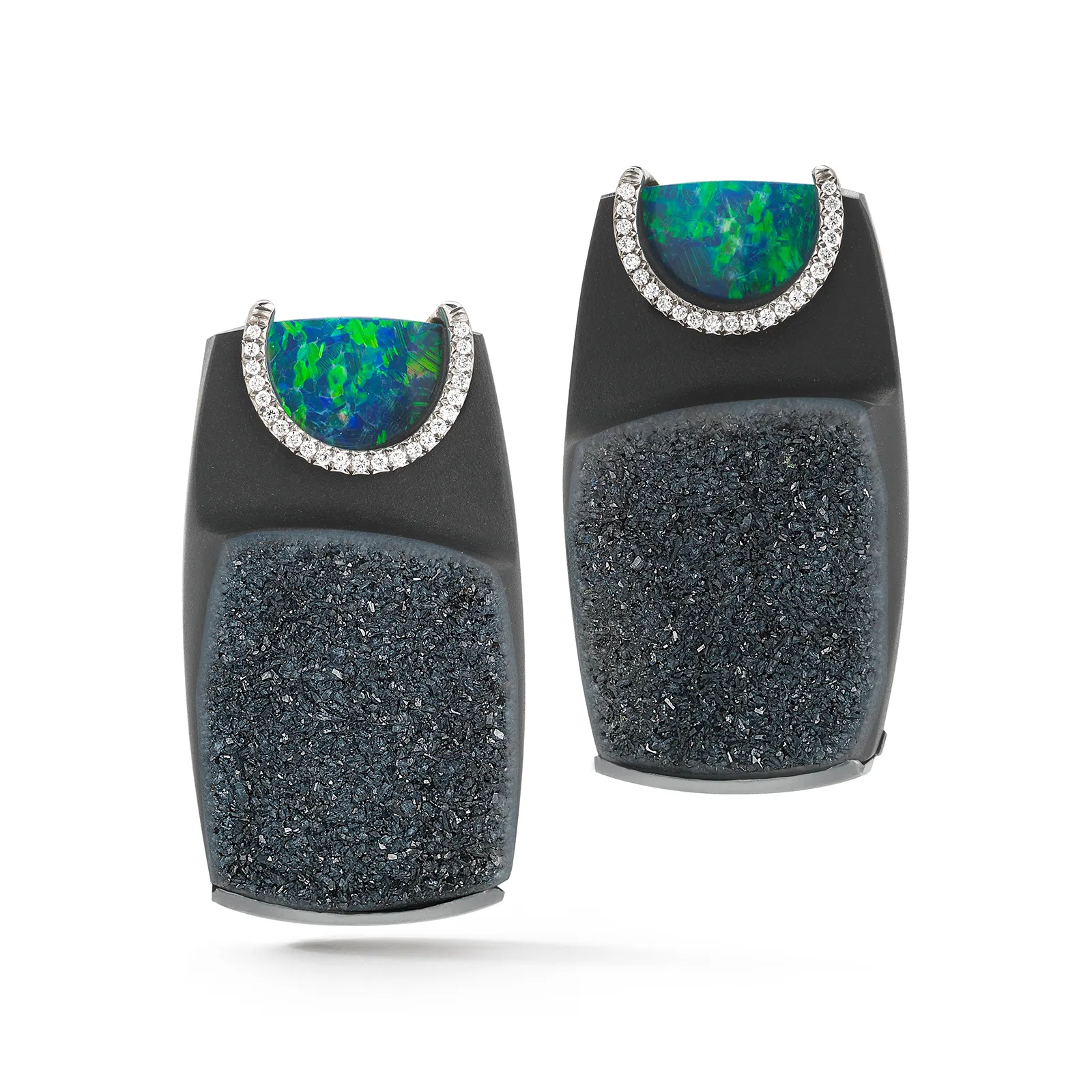 Carved Black Onyx Druzy, Opal and Diamond Earrings