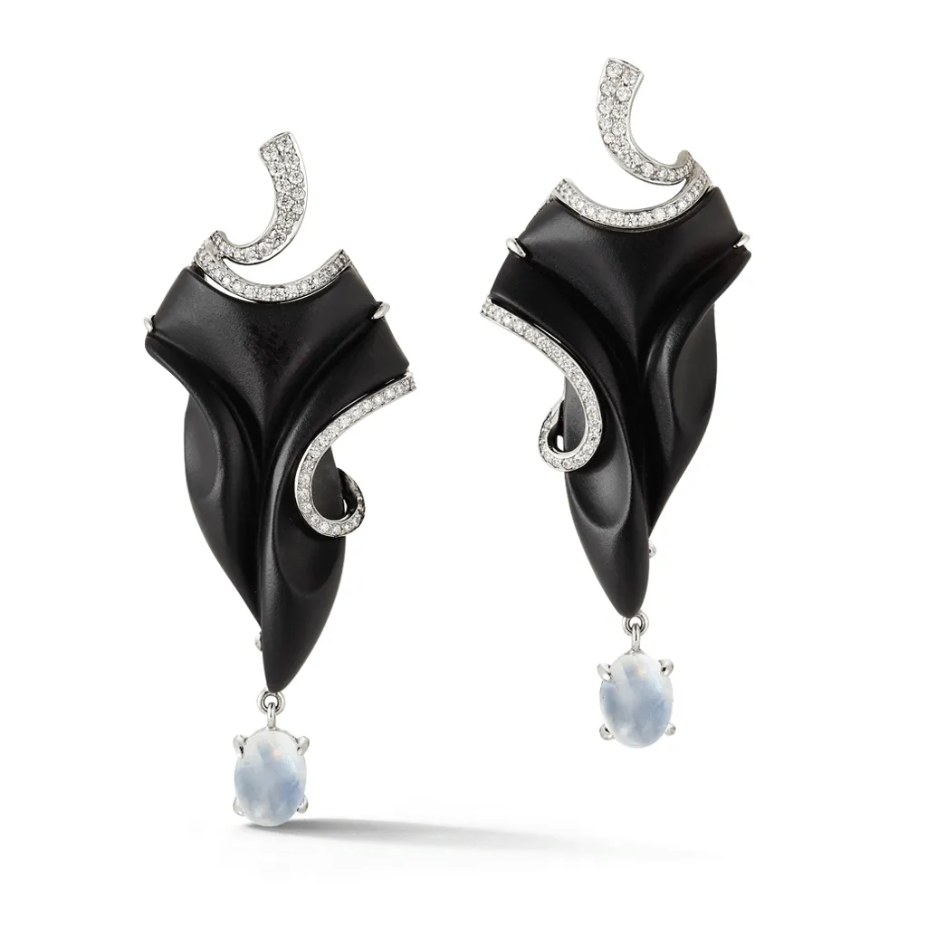 Carved Black Onyx, Oval Rainbow Moonstone, and Diamond Earrings