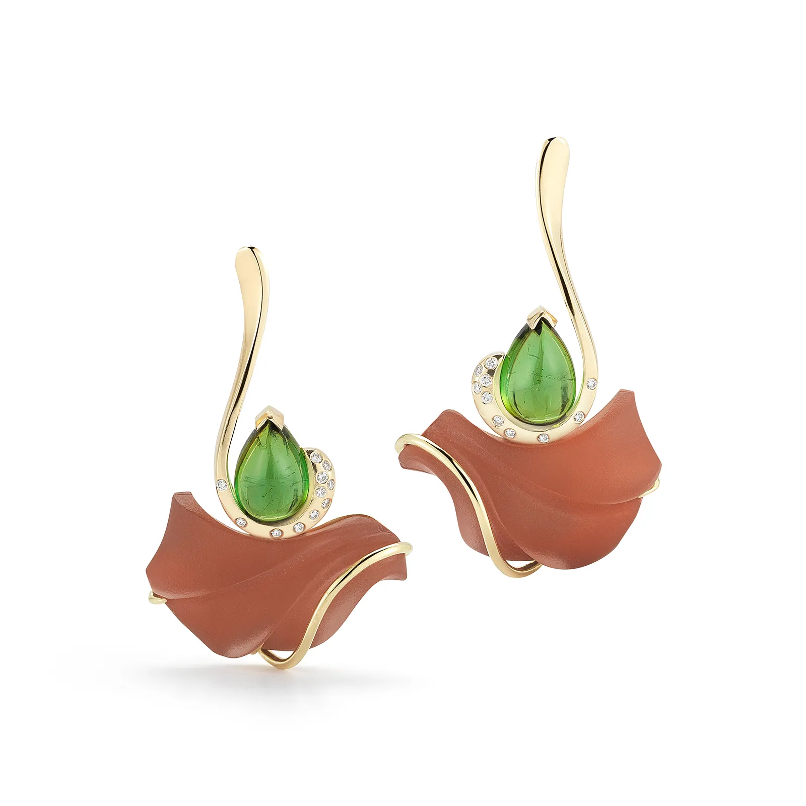 Carved Green Tourmaline, Red Jasper, Rock Crystal and Diamond Earrings